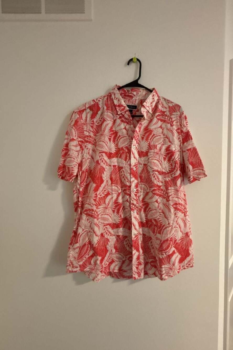 Club Room Mens Red Tropical Leaf Print Poplin Short Sleeve Button Down Shirt Siz